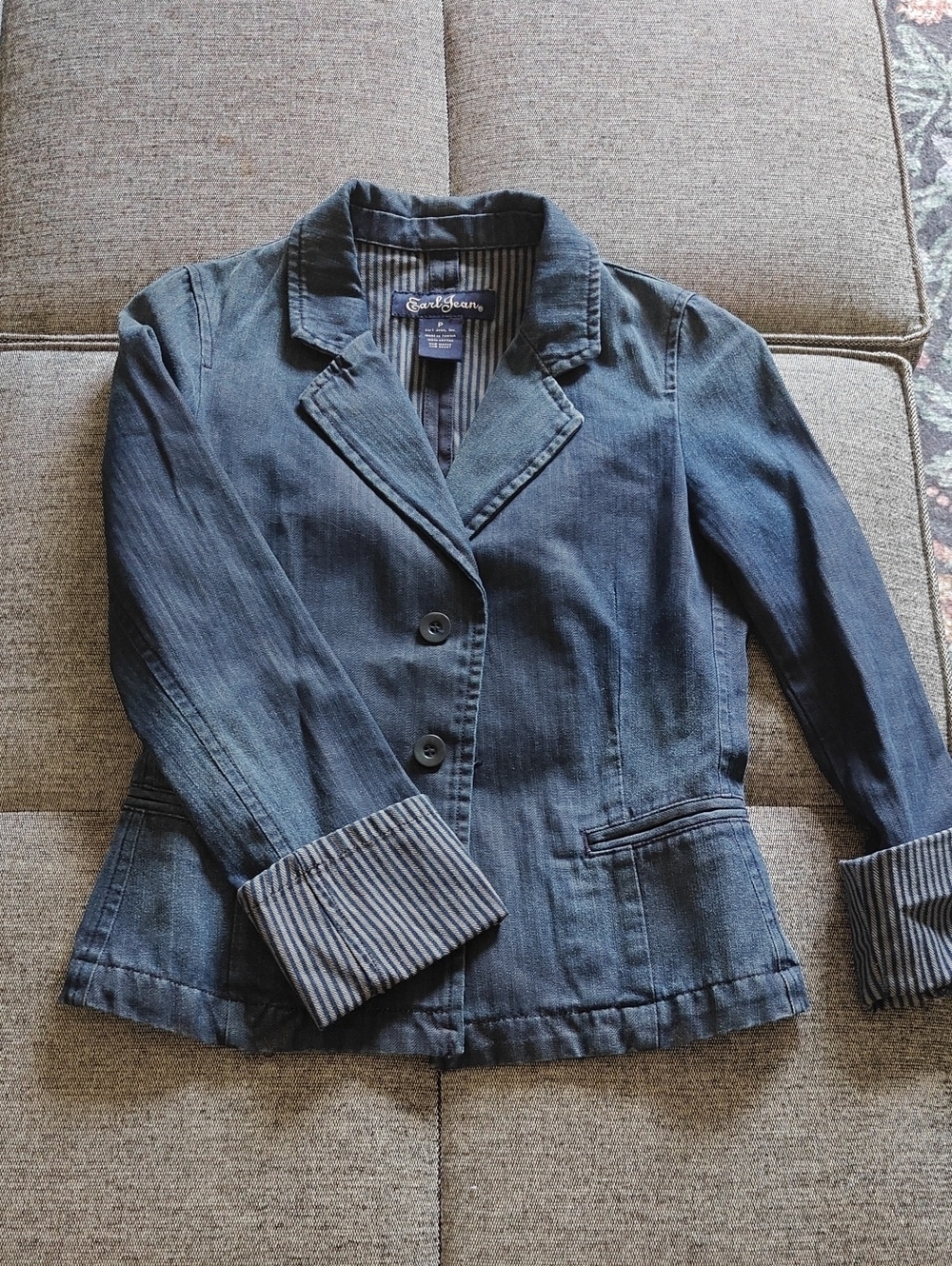 Earl Jeans Dark Blue Denim Blazer with Striped Cuff Detail